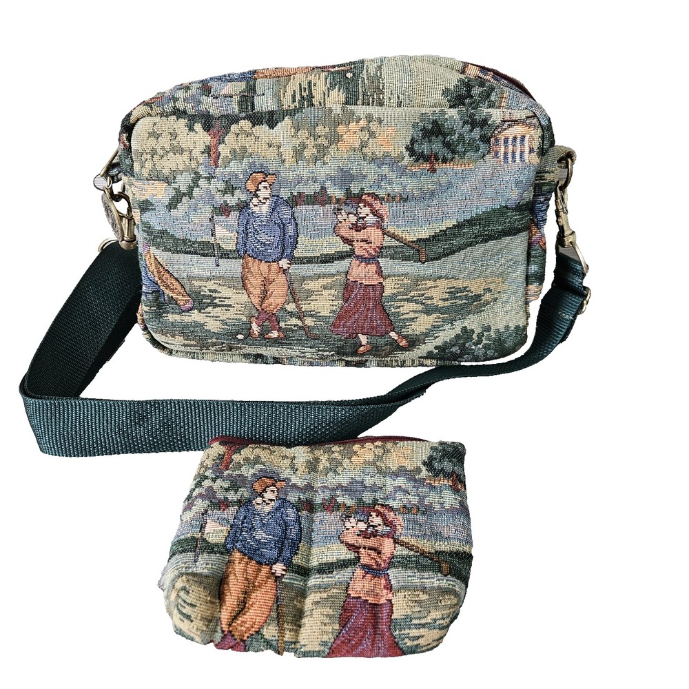 Holdings Fine Accessories Golf Scene Tapestry Crossbody Bag Pouch Green Cotton